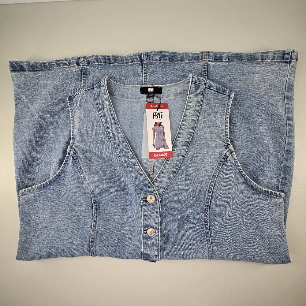 NWT Frye Light Wash Denim Mini Dress Sleeveless V-Neck Button Front Size XL - Picture 8 of 10